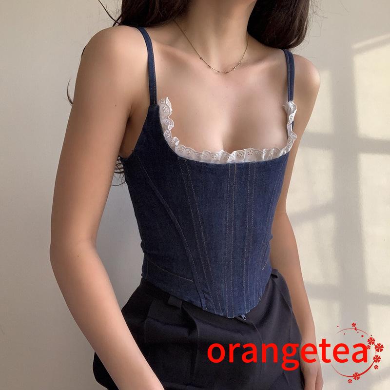 Áo Vải Denim Hai Dây Phối Ren Không Đồng Đều Cổ Thuyền  Phong Cách Quyến Rũ Màu Hè  Cho Nữ