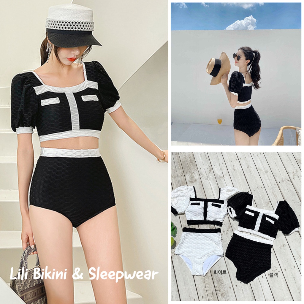 (Mẫu mới 2023) Bikini đồ bơi 2 mảnh Hàn Quốc đen trắng sang trọng nổi bật quần lưng cao tôn dáng