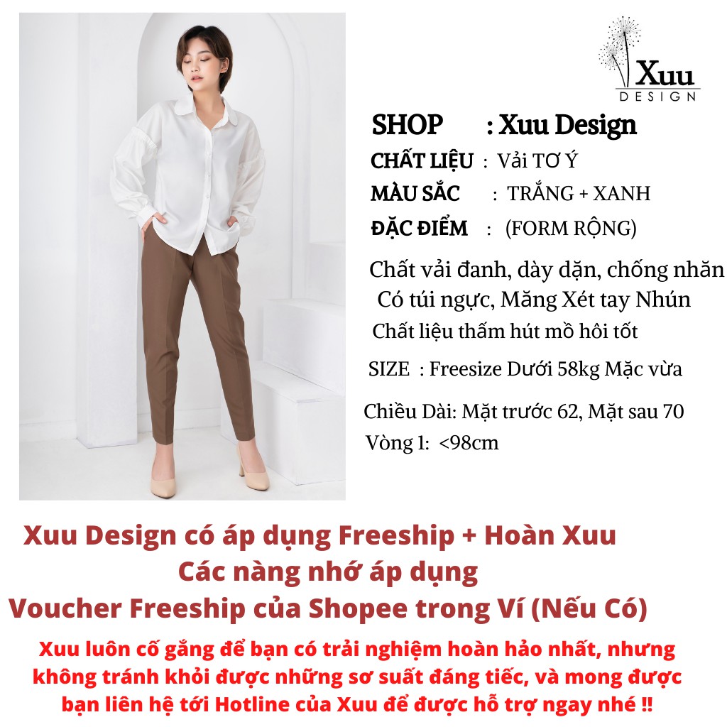 Áo sơ mi nữ tay bồng Xuu Design, Áo so mi trắng dáng rộng freesize chất vải tơ mềm SM13