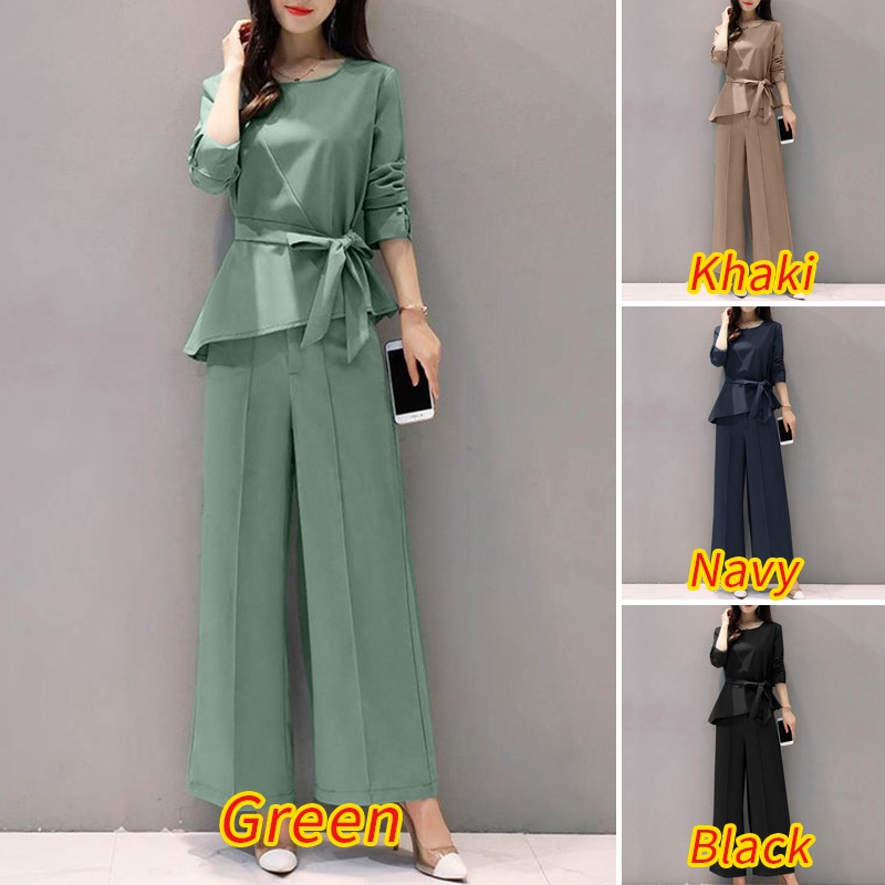 Set trang phục ZANZEA áo dài tay cổ tròn + quần dài lưng thun thời trang nữ