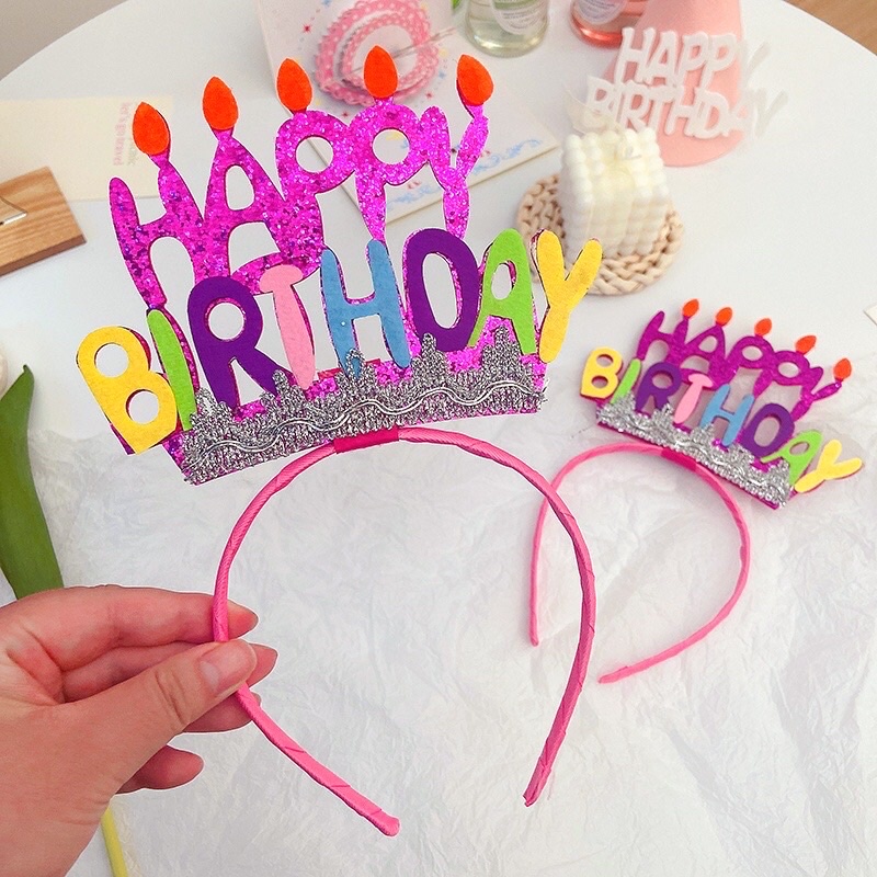 Bờm băng đô hình bánh kem hapy birthday màu hồng sinh nhật
