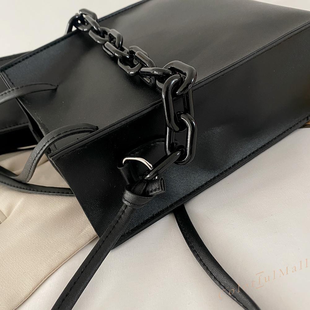 Women 2 in 1 Solid Color Messenger Handbag Tote Thick Chain Leather Shoulder Bag Ladies Clutch Purse