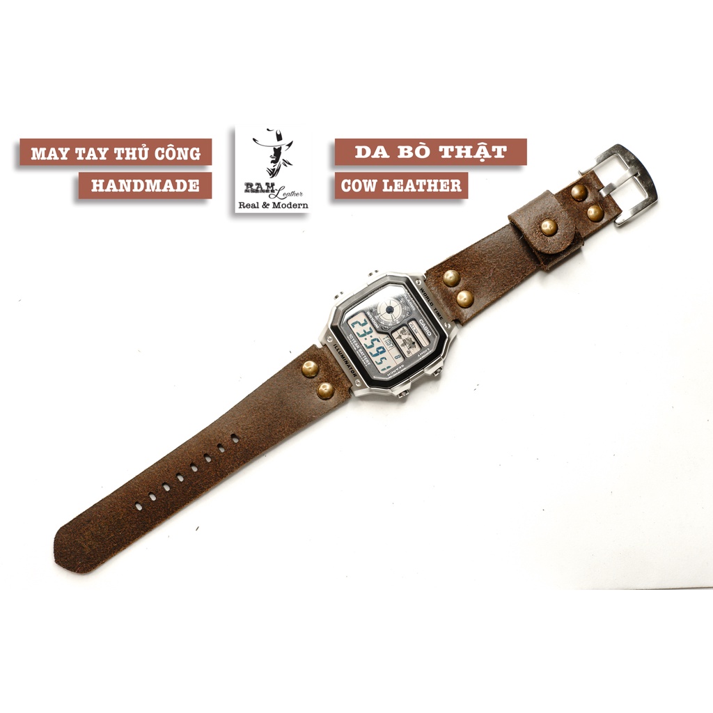 Dây đồng hồ RAM Leather pilot vintage cho CASIO 1200, AE 1200, 1300, 1100, A159 , A168 , Size 18 da bò nâu