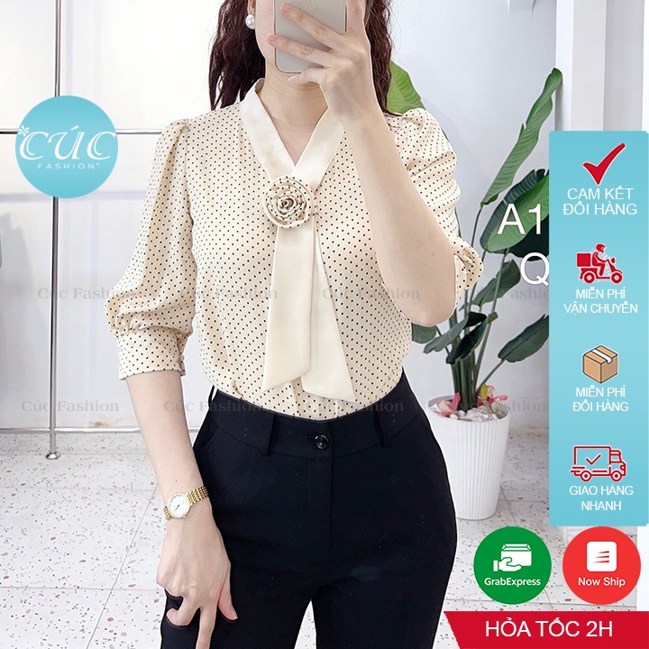 Áo sơ mi nữ CÚC FASHION somi tay ngắn cao cấp vải lụa đẹp kiểu công sở 2 màu xanh đen áo kẻ thêu cổ trắng A1152