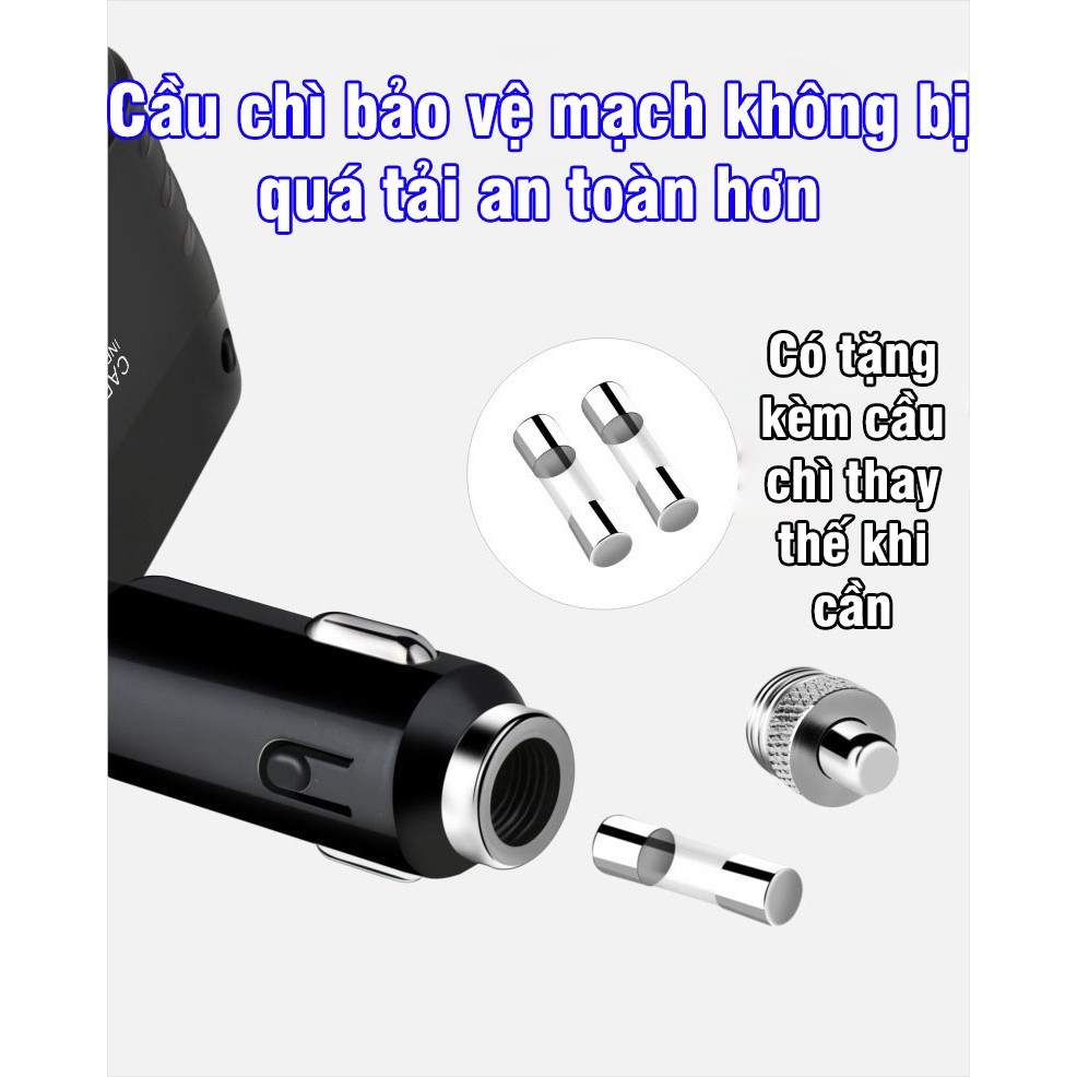 Tẩu sạc ô tô, xe hơi đa năng 3 trong 1 tích hợp cầu chì và chip thông minh cao cấp