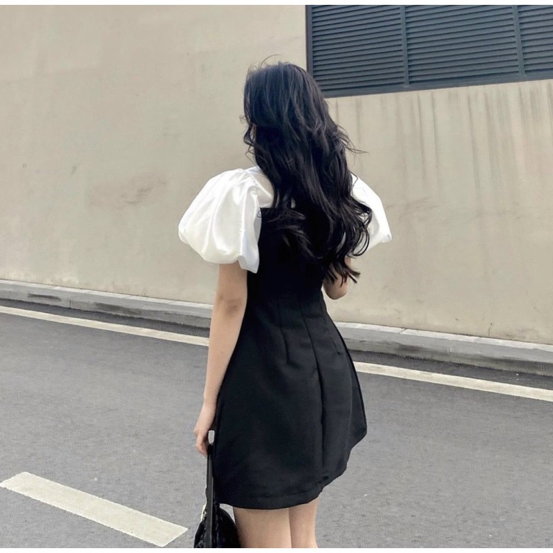 Váy tiểu thư đen trắng tay bồng khoét ngực có cúc cổ ( có ảnh thật ) | BigBuy360 - bigbuy360.vn