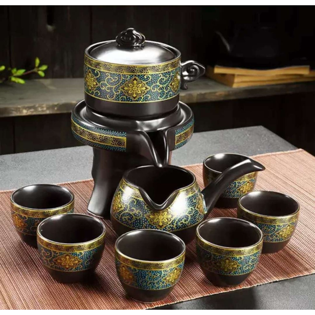 Bộ Ấm Chén Pha Trà Cối Xay - Xanh Đen Vàng  kèm hộp quà tặng.