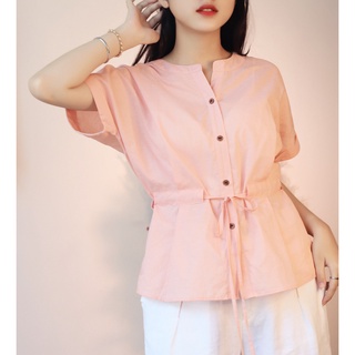 Áo kiểu rút eo KACHISA màu hồng pastel