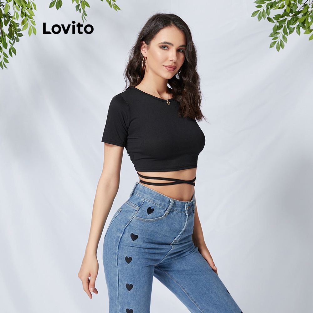 Áo thun Lovito cổ tròn buộc dây màu đen L09086 | BigBuy360 - bigbuy360.vn