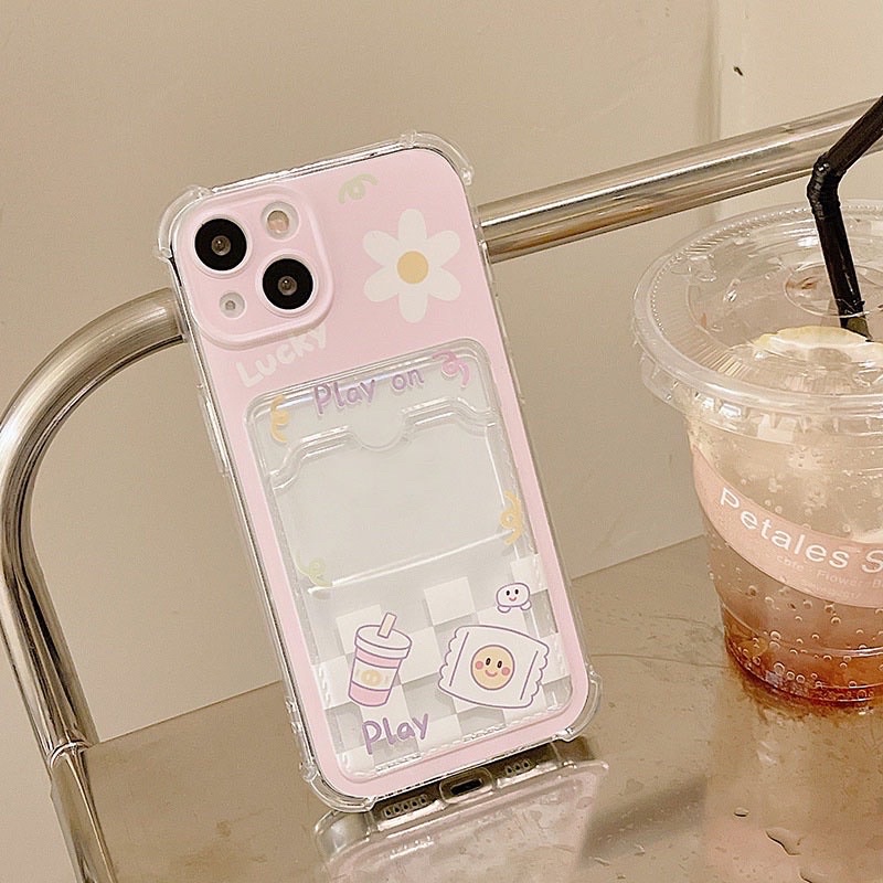 Ốp lưng iphone mềm dẻo trong suốt có thể đựng hình hoặc card hình bông hoa cúc màu hồng baby