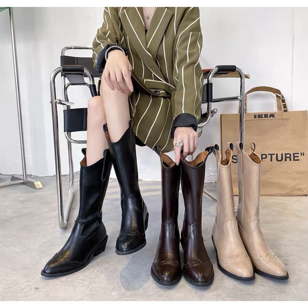 Giày boots chất liệu da PU mũi nhọn phong cách thời trang trưởng thành