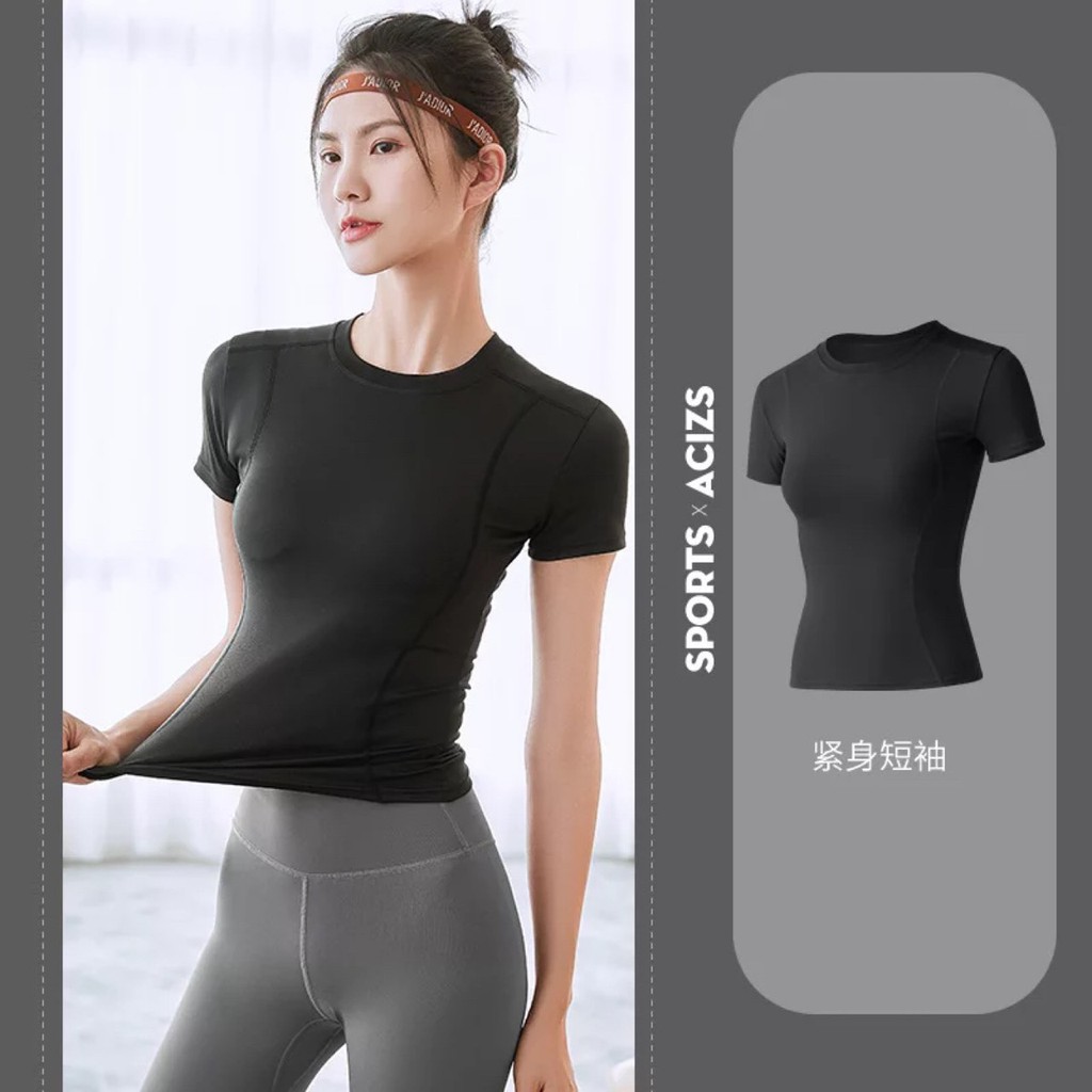 XẢ KHO Áo Thun Gym Nữ - Áo Yoga Nữ Cộc Tay Tôn Dáng Vải Poly Thấm Hút Mồ Hôi - Hàng Quảng Châu