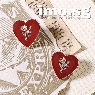 Bông tai trái tim đỏ hoa hồng ánh vàng, 1 chút sang trọng, hoàng gia, Hàn Quốc style