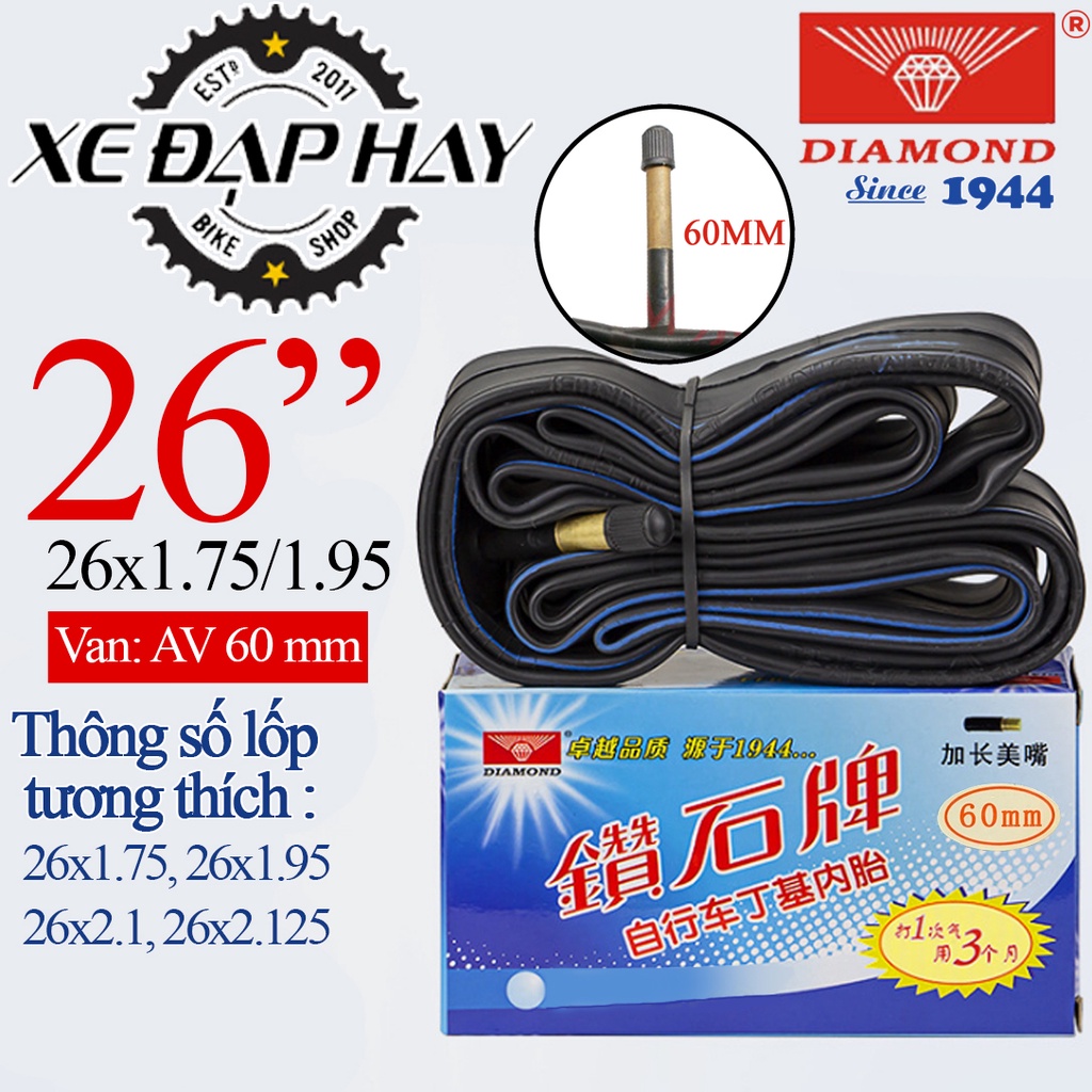 Săm Xe Đạp DIAMOND Cỡ 26x1.75/195 Van 60MM | Ruột Xe Đạp Trẻ Em Địa Hình MTB Bánh 26 Inch | Dùng Cho Vành Cao 4 CM