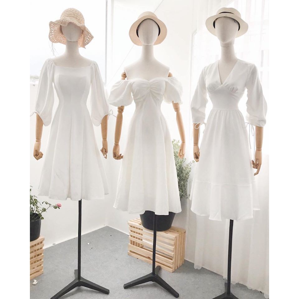 Đầm trắng tinh khôi cổ V tay bồng xinh xắn [KÈM ẢNH THẬT] | BigBuy360 - bigbuy360.vn