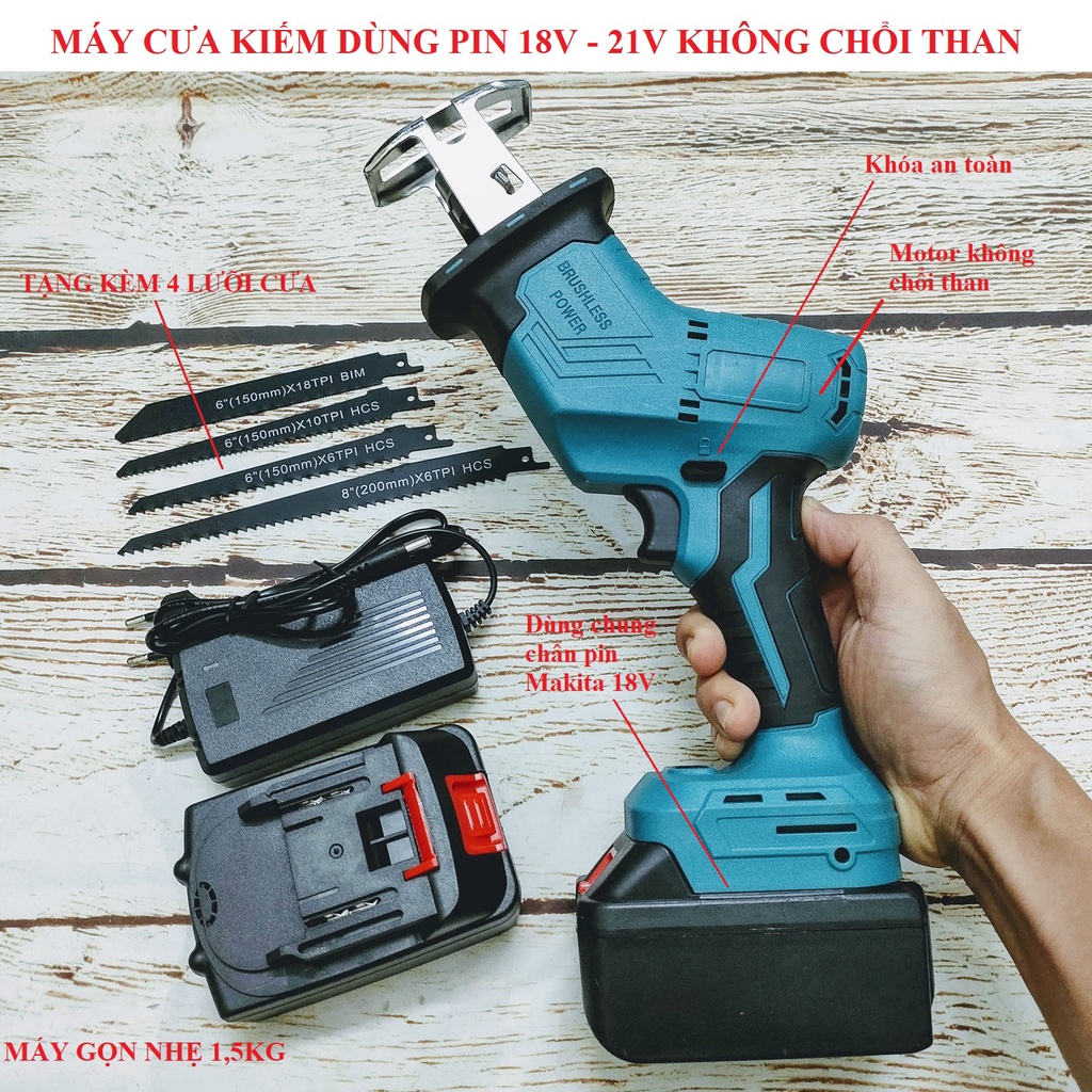 SV Máy cưa kiếm cầm tay dùng pin 18V - 21V không chổi than tặng kèm 6 lưỡi (chung chân pin Makita 18V)