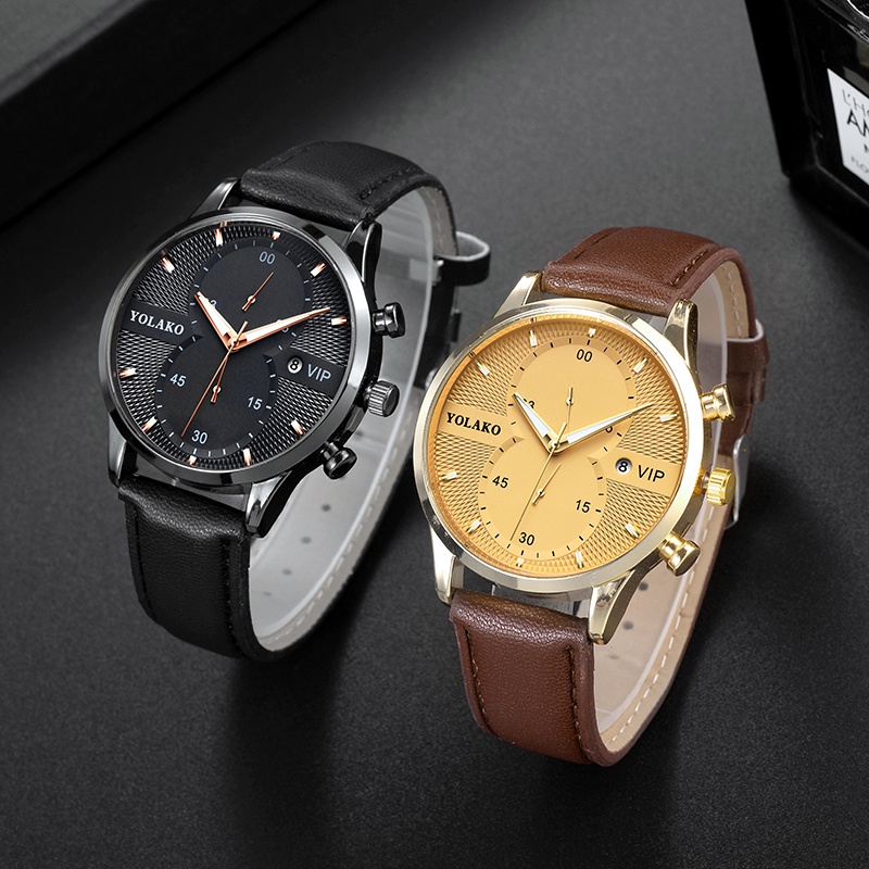 Đồng hồ quartz đeo tay dây da tích hợp lịch ngày hợp thời trang