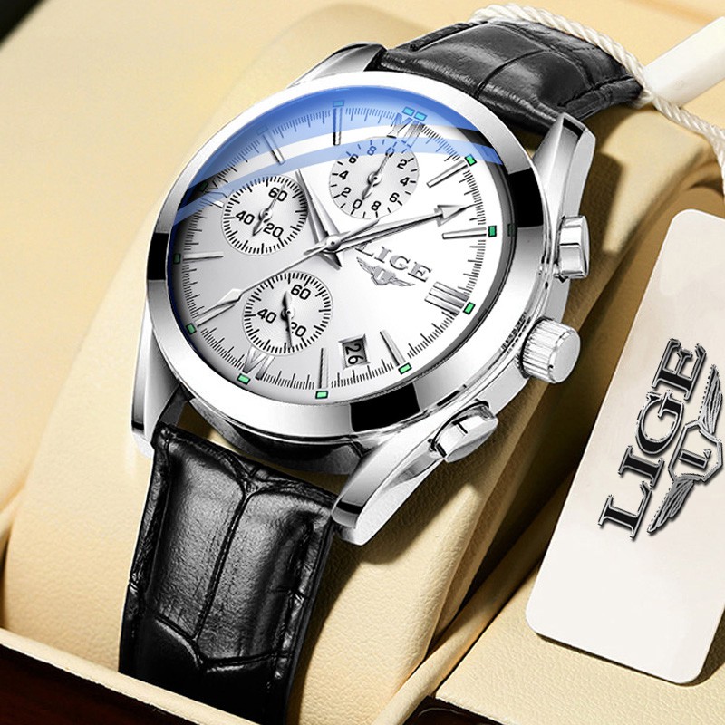 Men's LIGE 9839 Sports Luxury Leather Waterproof Quartz Watch
