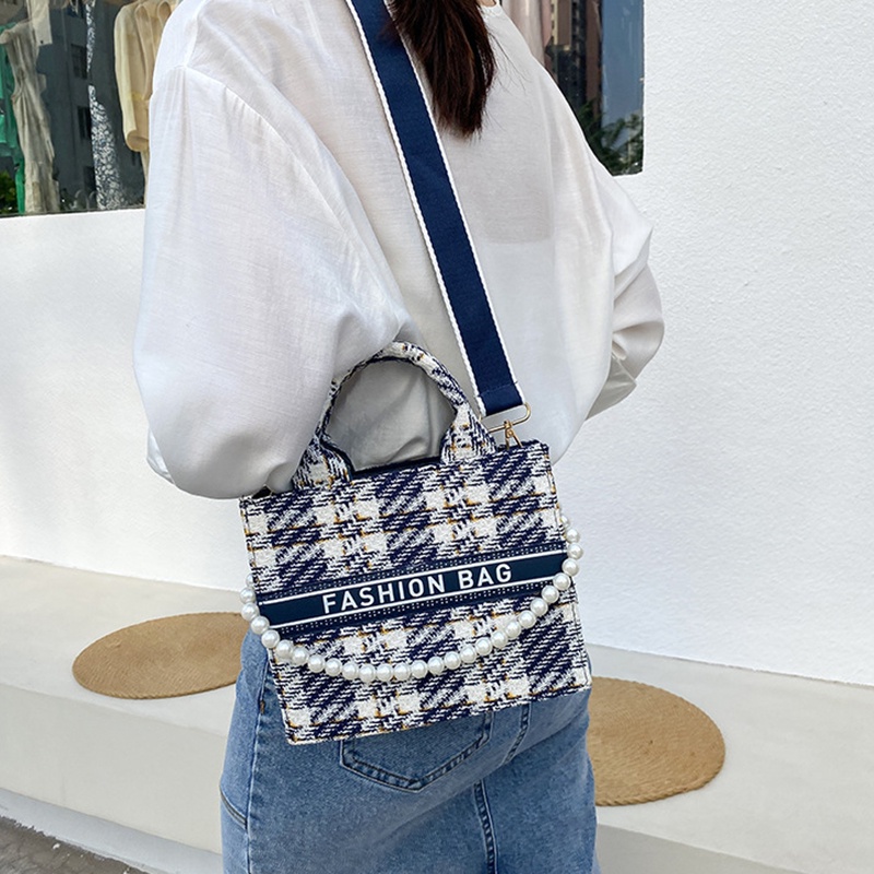 Túi Đeo Chéo Họa Tiết Kẻ Sọc Đính Ngọc Trai Phong Cách Hàn Quốc Thời Trang Cho Nữ