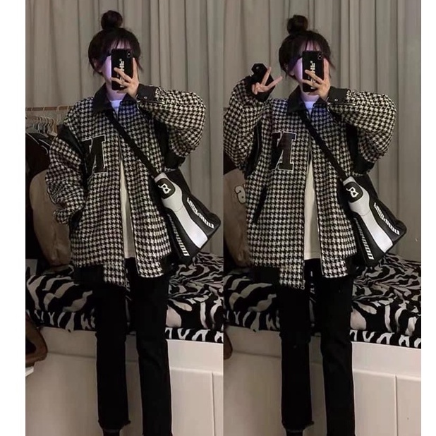 Áo Khoác Bomber, Áo Khoác Nữ Dạ Tweed Ziczac Dáng Rộng/Free Size