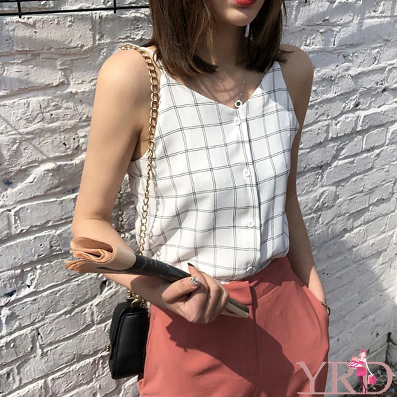 Áo chiffon nữ không tay cổ chữ V họa tiết caro thời trang Hàn Quốc | BigBuy360 - bigbuy360.vn