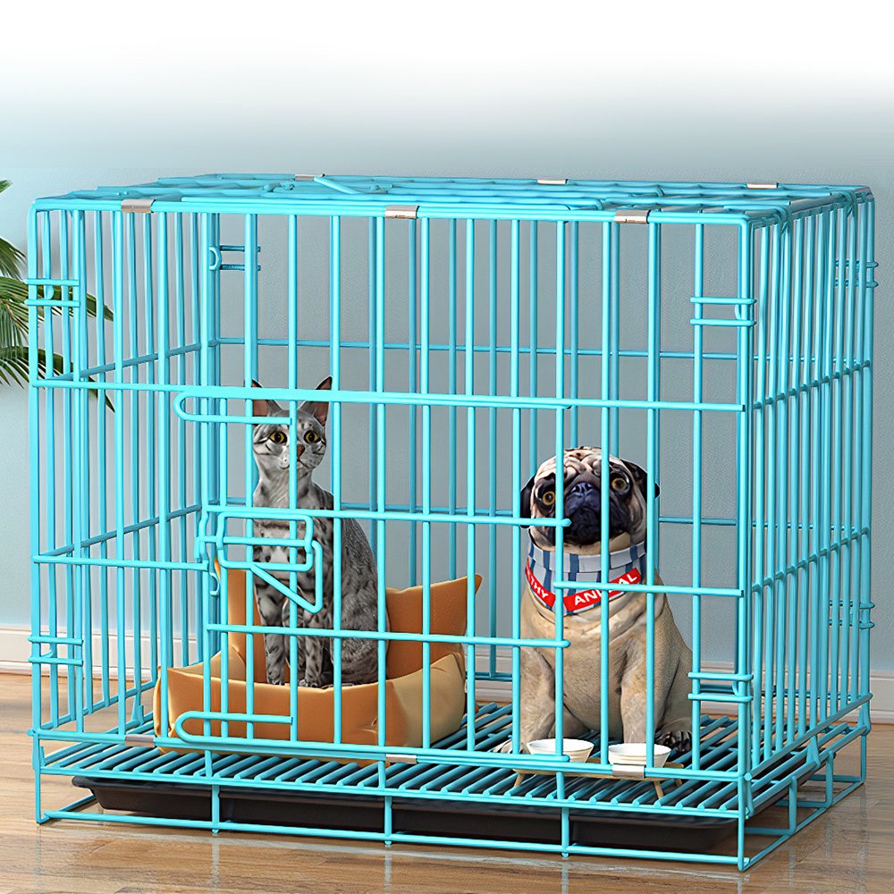 Lồng/ Nhà/ Chuồng sơn tĩnh điện 2 cửa, dễ dàng gập gọn, lắp, tháo (có kèm khay màu xanh) cho chó mèo size 70x50x50