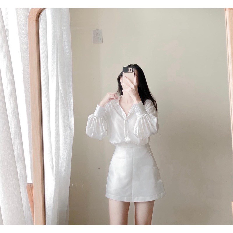 Áo sơ Mi Lụa Phom Suông Dài Tay CHIPY Cổ Đức Công Sở Chất Lụa Ngọc Trai Mềm Mịn Không Nhăn Nhàu Mặc Đi Làm Màu Trắng