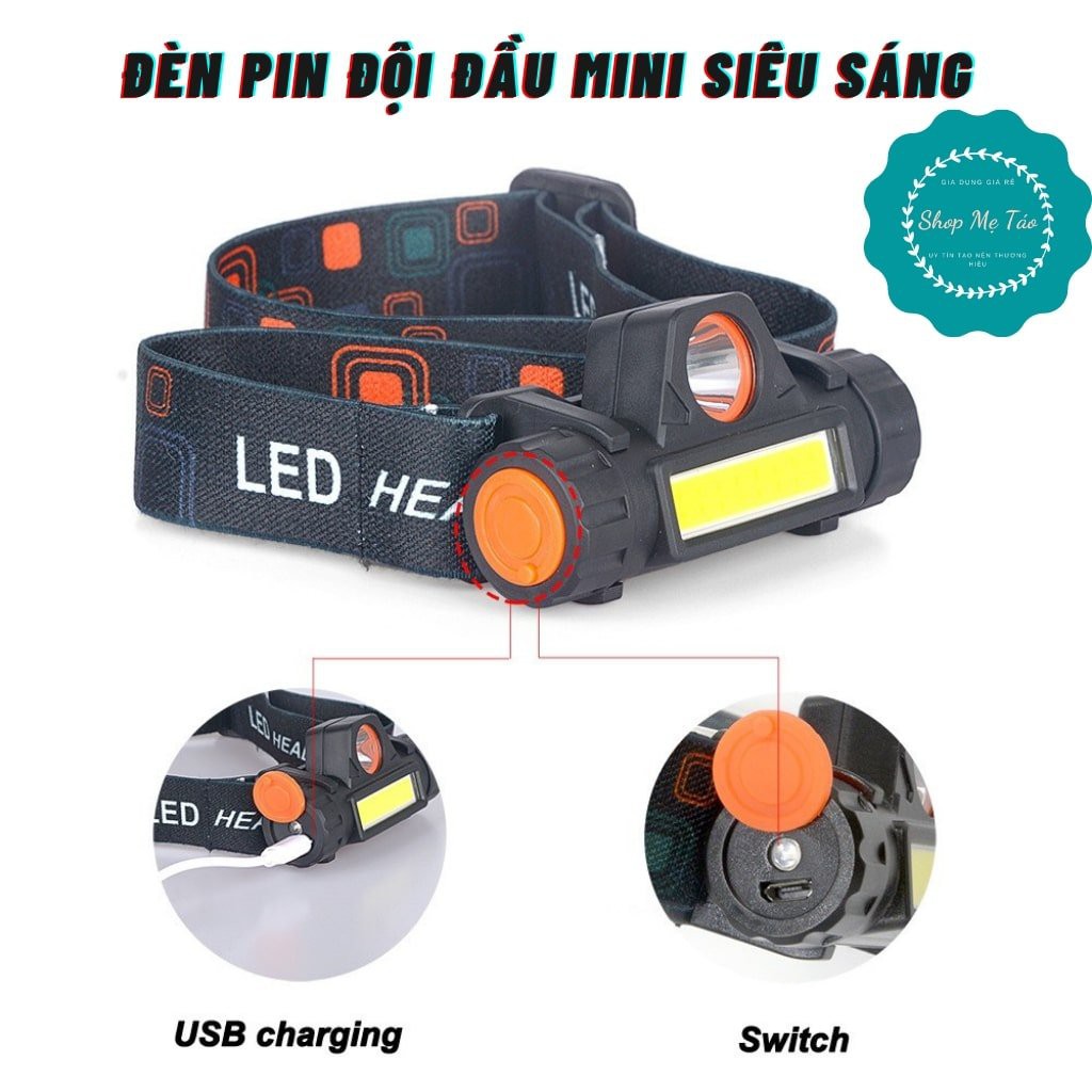 Đèn pin đội đầu mini siêu sáng 2  bóng 101 đèn 4 chế độ sáng có sạc điện.