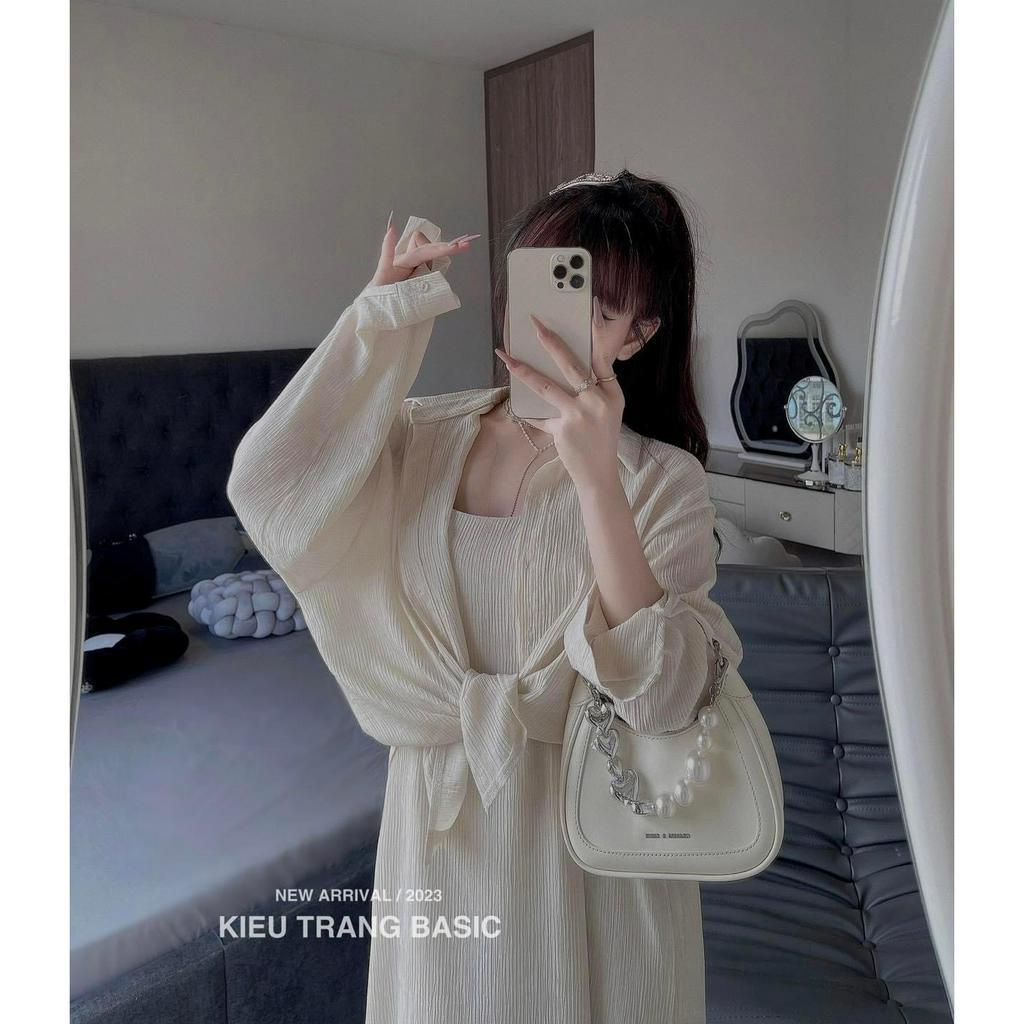 Set váy suông 2 dây mix khoác sơ mi sọc siêu phẩm BNUqq