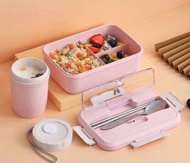 Hộp Đựng Cơm Lúa Mạch 3 Ngăn kèm đũa thìa inox | BigBuy360 - bigbuy360.vn