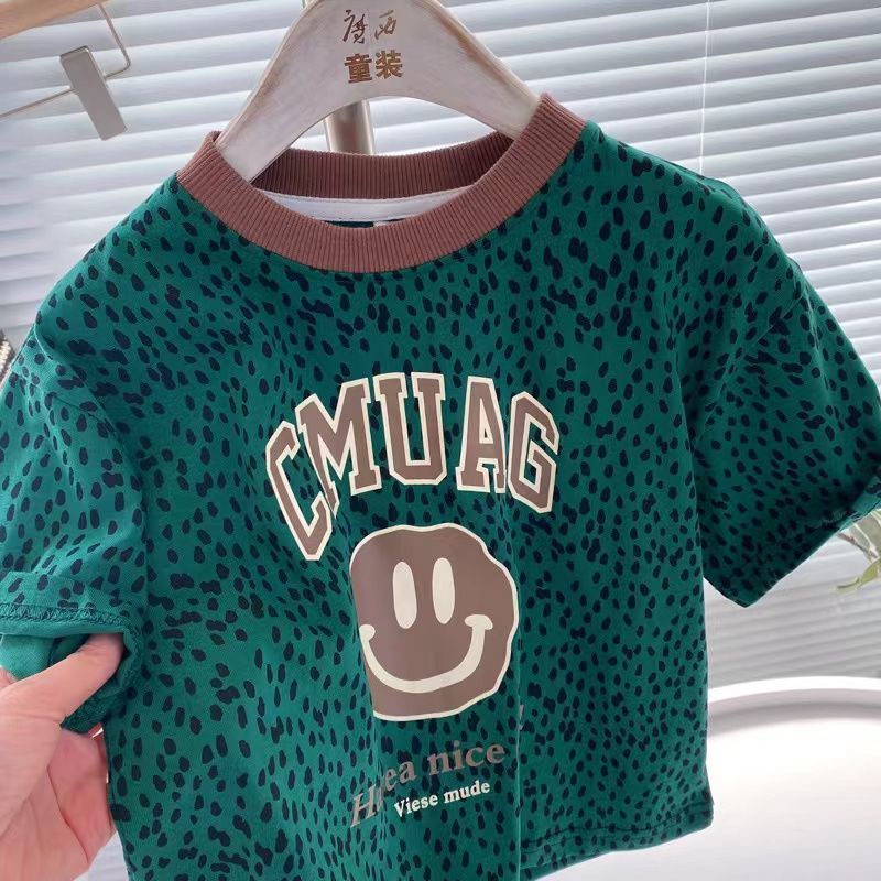 Áo Thun Cotton Tay Ngắn In Hình Mặt Cười / Da Báo Thời Trang Xuân Thu Cho Bé Trai