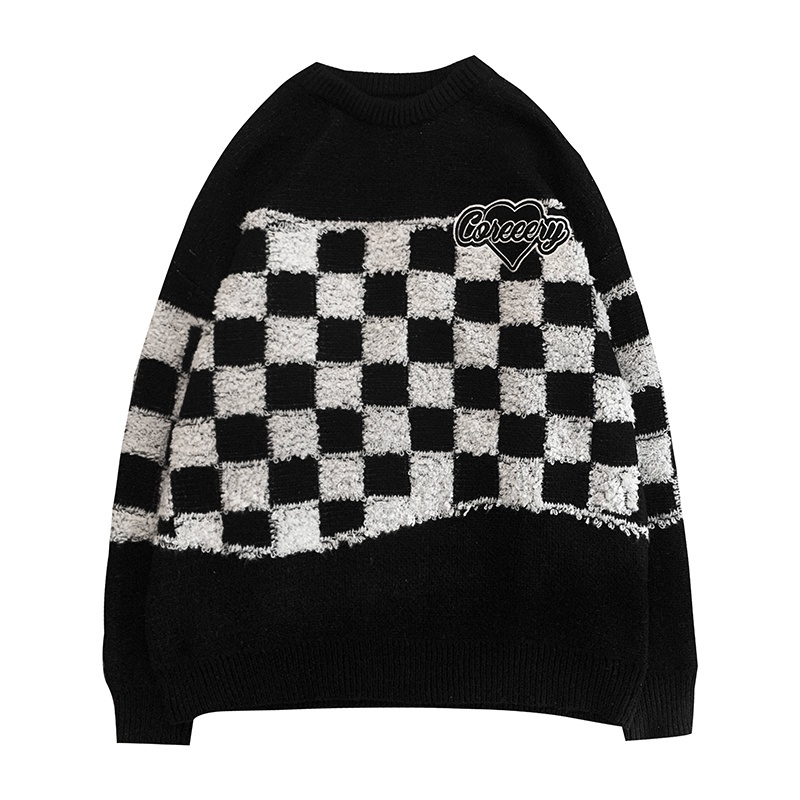 Áo sweater dệt kim chui đầu màu xanh dương/đen pha trắng phong cách hip hop Hàn Quốc thời trang mùa thu cho nam