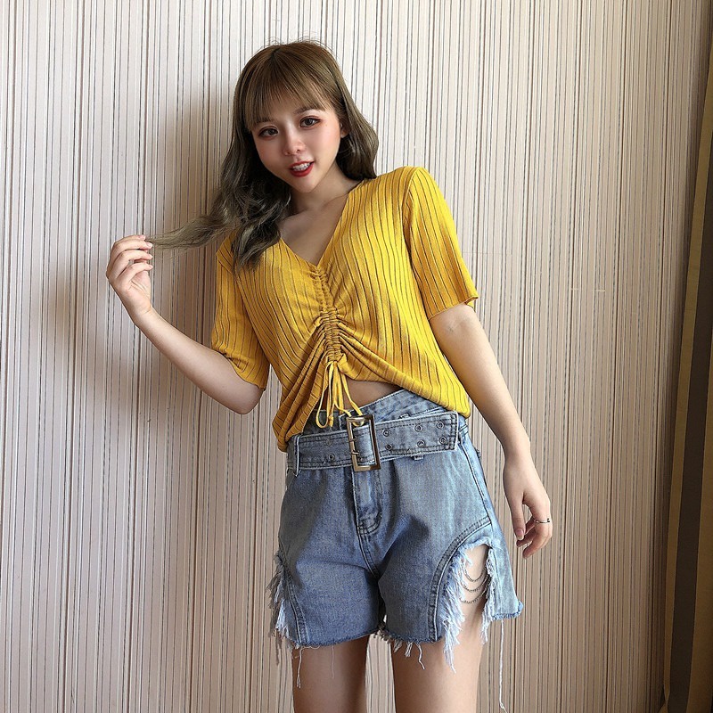 Áo Thun Dệt Kim Tay Ngắn Cổ Chữ V Dáng Rộng Phối Dây Rút Trẻ Trung Hợp Thời Trang