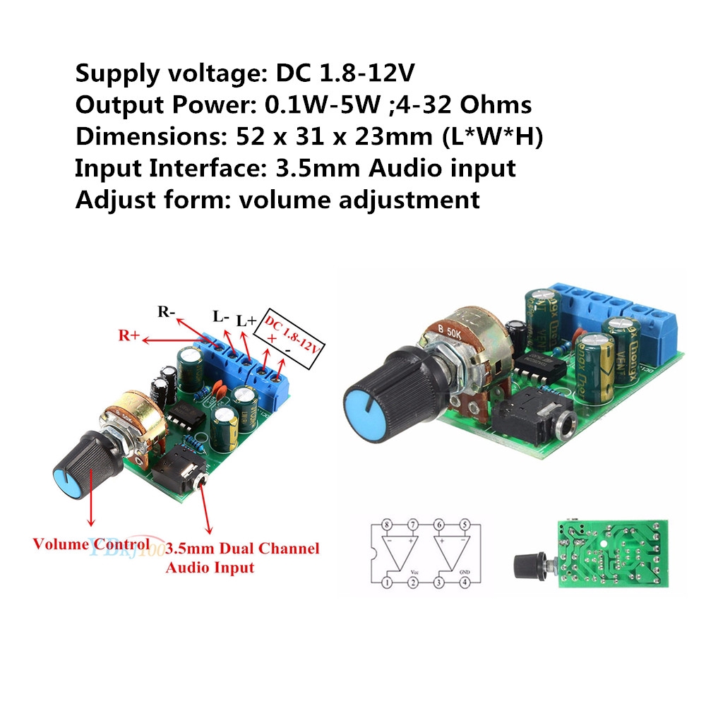 Bảng mạch khuếch đại âm thanh PCBFUN AUX kép DC 1.8-12V TDA2822M 2.0 chuyên dụng