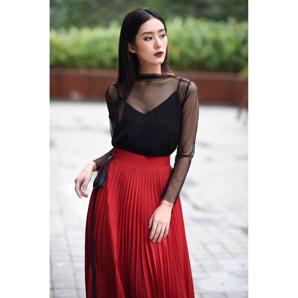 JOVEN-Chân váy dập ly đỏ