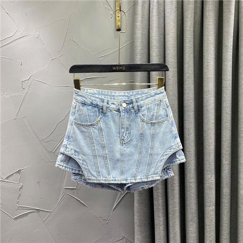 Jiashucheng Quần Culottes Denim Cạp Cao Lệch Tà Giả Hai Mảnh Dáng Chữ a Màu Xanh Nhạt Phong Cách Mới Mùa Xuân Hè @ Rộng