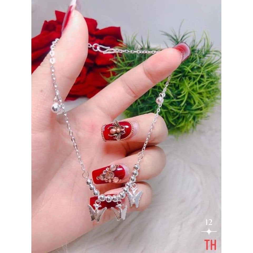 Lắc chân bạc ta dây xích kèm bi và 3 con bướm