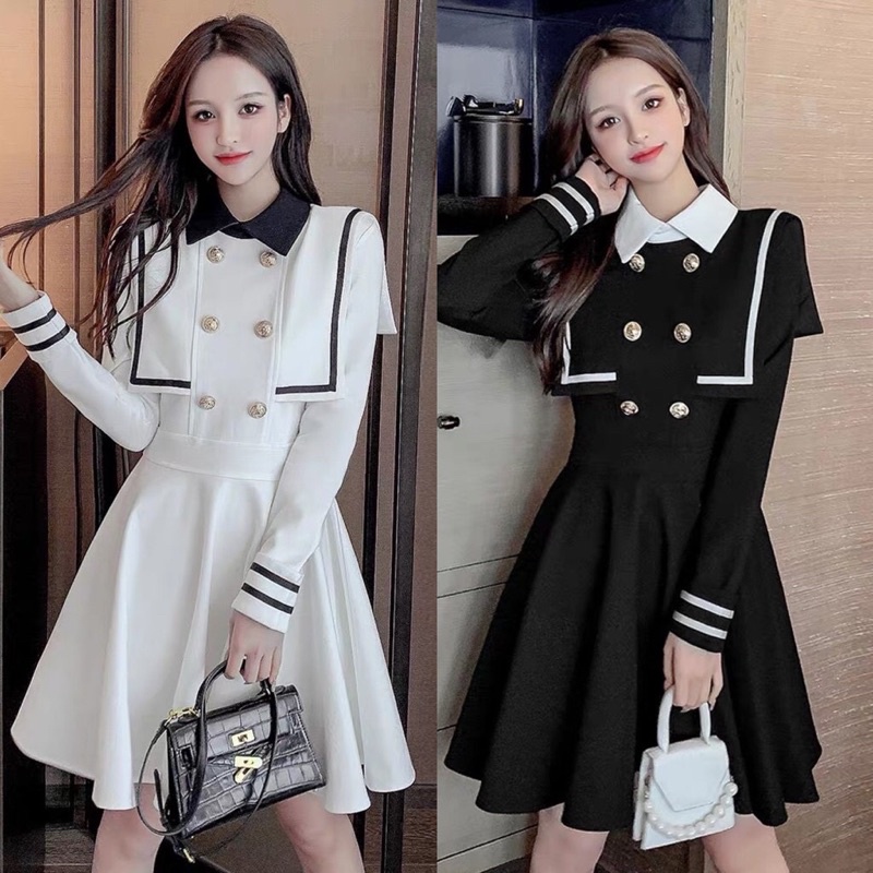 🥰Hình ảnh thật ❣ Váy tiểu thư thuỷ thủ cổ thuyền viền mí
