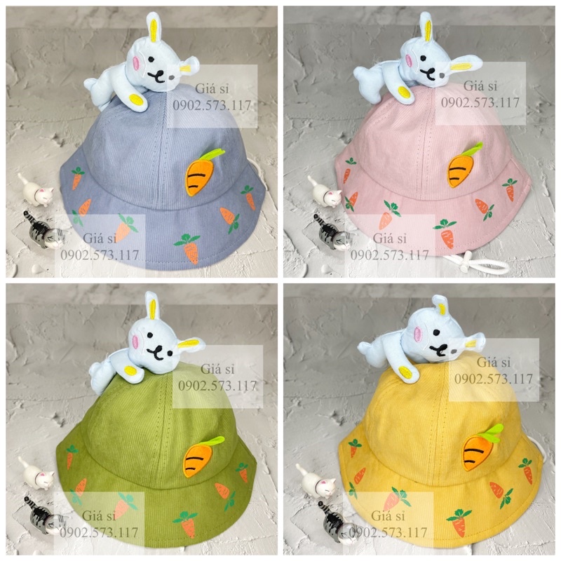 Nón bucket thêu CÀ RỐT gắn gấu dễ thương có dây rút dành cho bé từ 2 - 5 tuổi