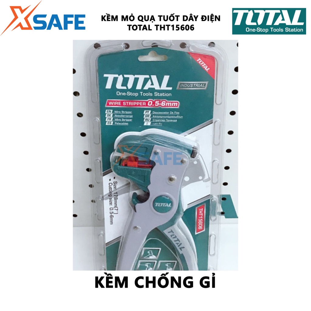 Kềm tuốt dây điện mỏ quạ TOTAL THT15606 Kìm tuốt dây Đường kính đầu tuốt 0.5mm~6mm Chất liệu 65Mn Kích thước 175*85mm