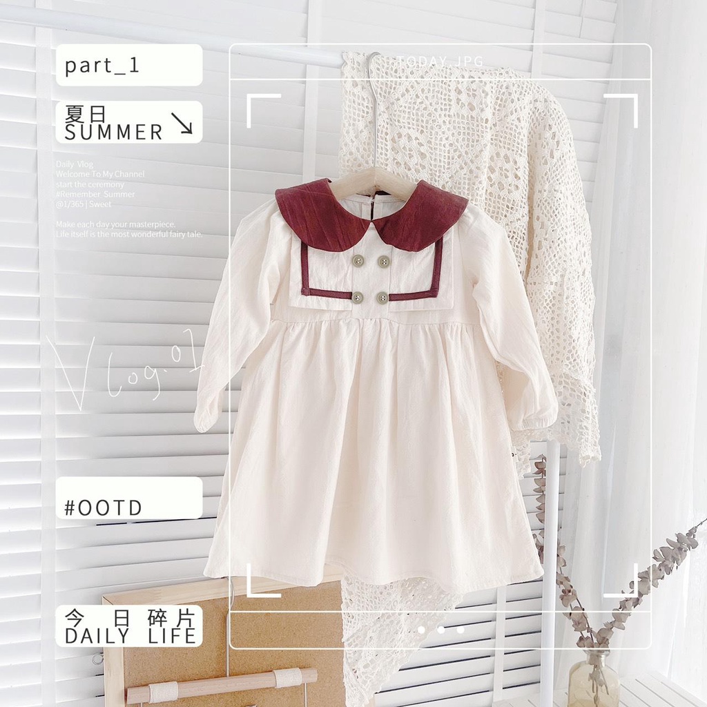 [10-22kg] Váy cổ sen 4 cúc nâu, be phong cách vintage cho bé gái mùa thu xinh xắn