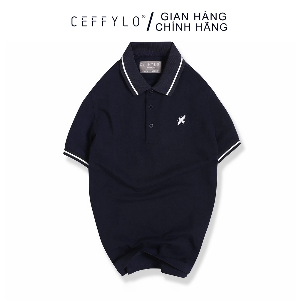 Áo Polo tay phối bo họa tiết ong thêu ngực Xanh Navy Ceffylo, vải Cotton mềm mịn - CEFFYLO