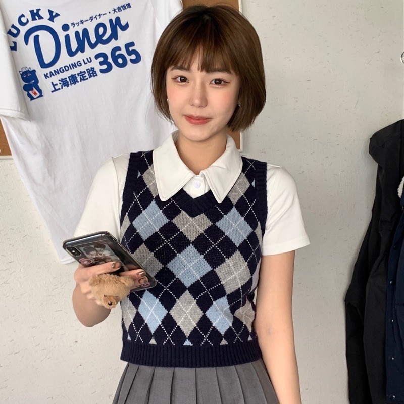 Áo len gile dệt kim dáng lửng croptop hoạ tiết kim cương kẻ ô trám