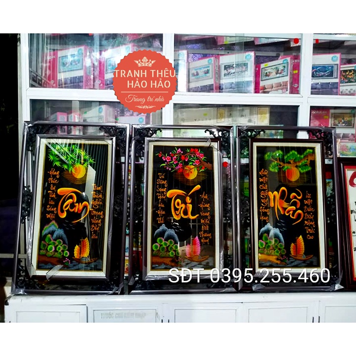 Tranh treo tường phòng khách,  Tranh thêu Tâm Trí Nhẫn thành phẩm