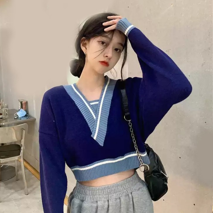 QADCOL Áo Dệt Kim Tay Dài Cổ Chữ V Phối Màu Tương Phản Thời Trang Retro Cho Nữ