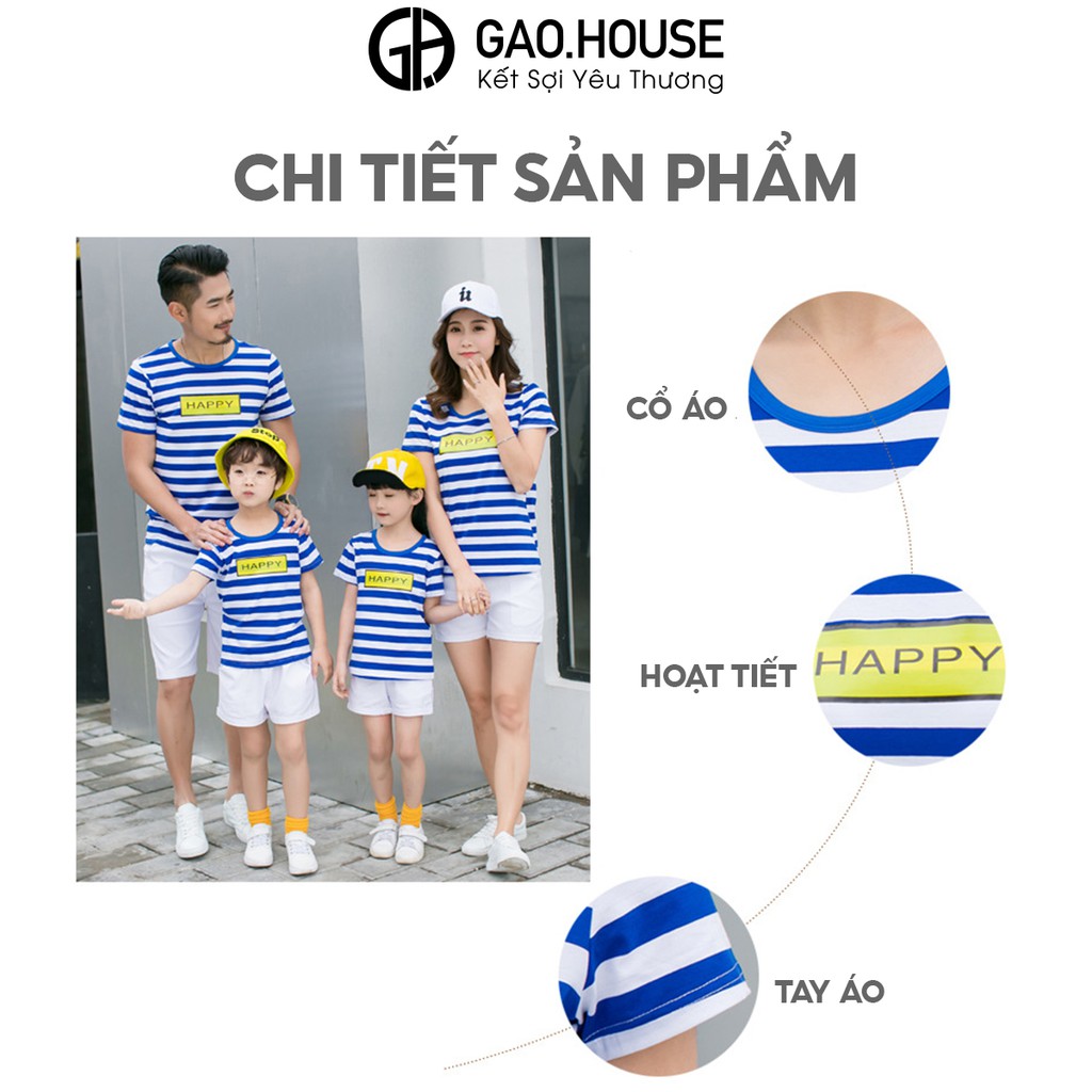 Áo gia đình Gạo House cotton 4 chiều cổ tròn chữ happy kẻ xanh