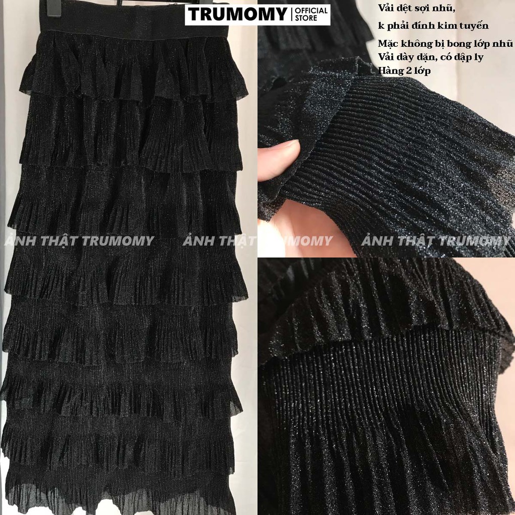 Chân váy tầng dài maxi kiểu 8 tầng xếp ly vải ren nhũ Quảng Châu - Trumomy Women’s Skirts