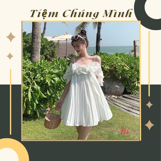 Váy bèo nữ trắng 2 dây dập ly xuông