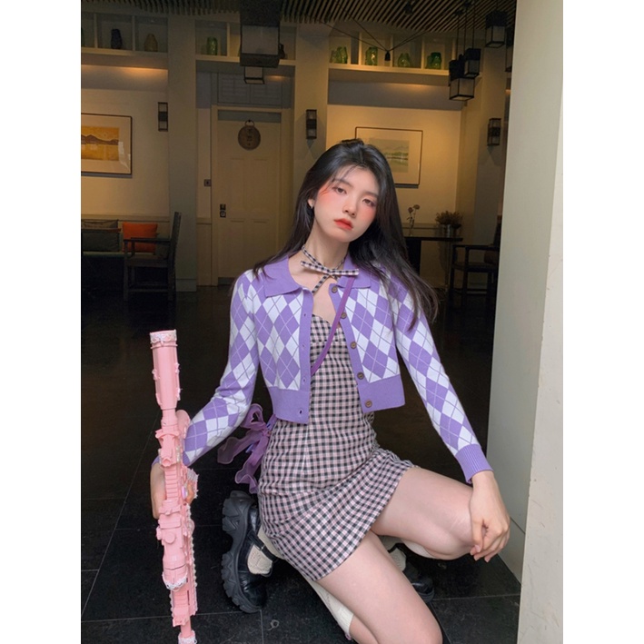 HUANG YOYO    Áo khoác len dài tay kiểu Hàn Quốc retro họa tiết ca rô thời trang cho nữ | BigBuy360 - bigbuy360.vn