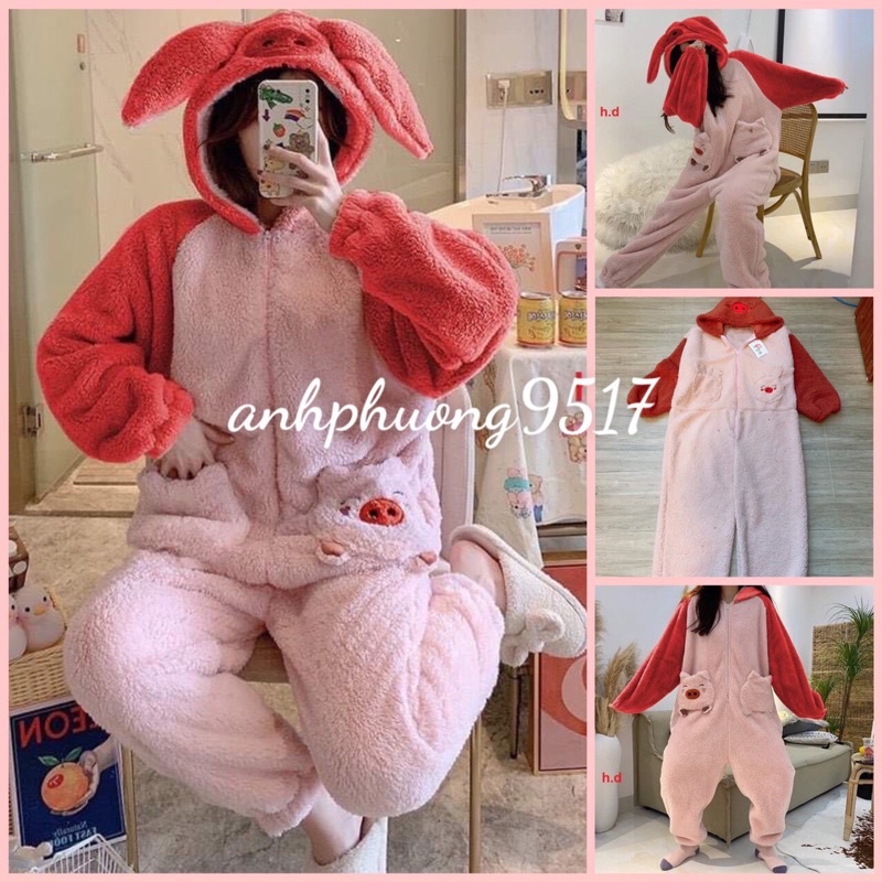 Bộ đồ ngủ mùa đông lông cừu giữ nhiệt tốt Thêu Hình Lợn connhung bông mềm mịn bộ lông cho nữ siêu ấm,bộ mặc nhà UNISEX